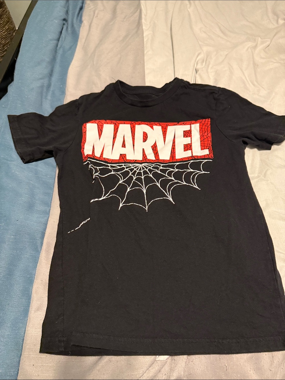 Marvel Black Tee with Red and White Spiderweb Graphic Spider-Man